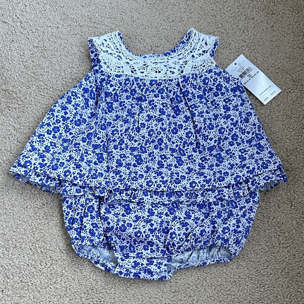 Ralph Lauren Floral Baby Bubble Romper with Lace Detail- NWT- 12M